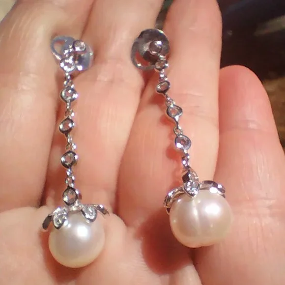 HONORA Freshwater White Pearl Earrings With Cubic Zirconia 925 Sterling Silver - Picture 5 of 8